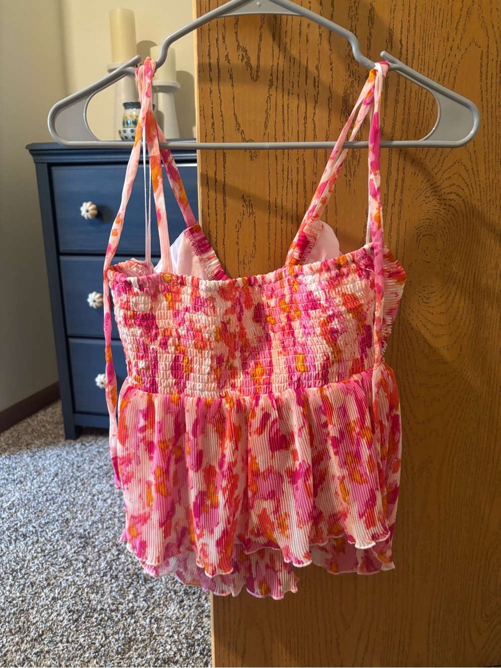 Pink & Orange Floral Pleated Spaghetti Strap Top - Picture 2 of 2